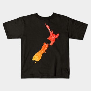 Colorful mandala art map of New Zealand with text in red and orange Kids T-Shirt